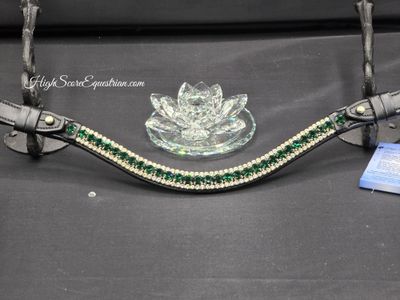 Med. U Shape 3 Row (8.5/4m PRECIOSA Glass Crystal)  * Crystal Rivet Closure *BLACK or BROWN Leather Browband *Emerald Green &amp; Clear Crystal