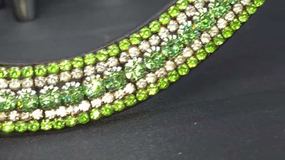 Lt. Greens and Clear 5 Row PRECIOSA Glass Crystal, Easy On/Off Crystal Rivet –BLACK or BROWN Leather Browband