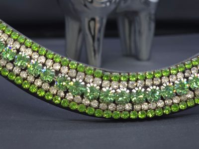 Lt. Greens and Clear 5 Row PRECIOSA Glass Crystal, Easy On/Off Crystal Rivet –BLACK or BROWN Leather Browband