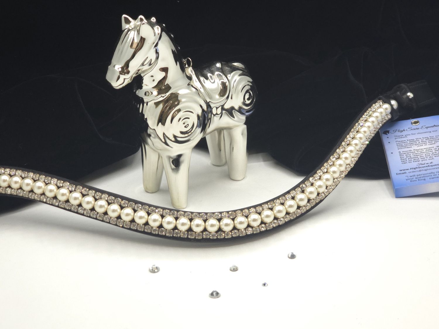 V1-Cream Pearl and Clear Glass Crystal 3 Row PRECIOSA -Easy On/Off Crystal Rivet Button Closure BLACK or BROWN Leather Browband