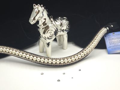 V1-Cream Pearl and Clear Glass Crystal 3 Row PRECIOSA -Easy On/Off Crystal Rivet Button Closure BLACK or BROWN Leather Browband