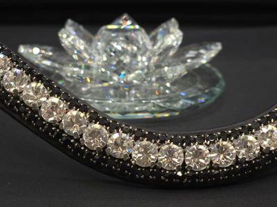 X-Deep U   * 3 Row (8.5mm, 4mm PRECIOSA Glass Crystal)   * Easy On/Off Crystal Rivet Button Closure   * BLACK or BROWN Italian Leather Browband  *Clear 40ss and Jet Black Crystals