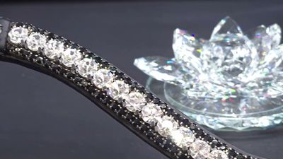 X-Deep U   * 3 Row (8.5mm, 4mm PRECIOSA Glass Crystal)   * Easy On/Off Crystal Rivet Button Closure   * BLACK or BROWN Italian Leather Browband  *Clear 40ss and Jet Black Crystals