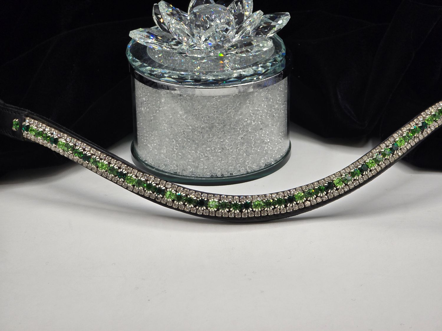 Green Emerald, Erinite, Peridot and Clear 3 Row PRECIOSA Glass Crystal Easy Snap On/Off – BLACK or BROWN  Leather Browband