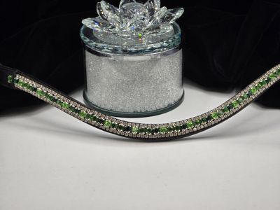 Green Emerald, Erinite, Peridot and Clear 3 Row PRECIOSA Glass Crystal Easy Snap On/Off – BLACK or BROWN  Leather Browband