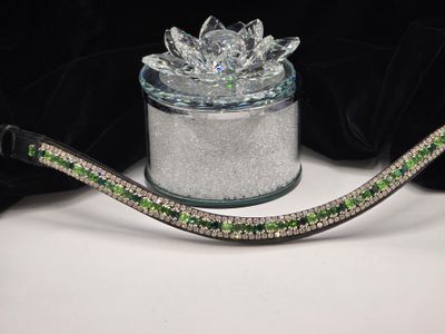Green Emerald, Erinite, Peridot and Clear 3 Row PRECIOSA Glass Crystal Easy Snap On/Off – BLACK or BROWN  Leather Browband
