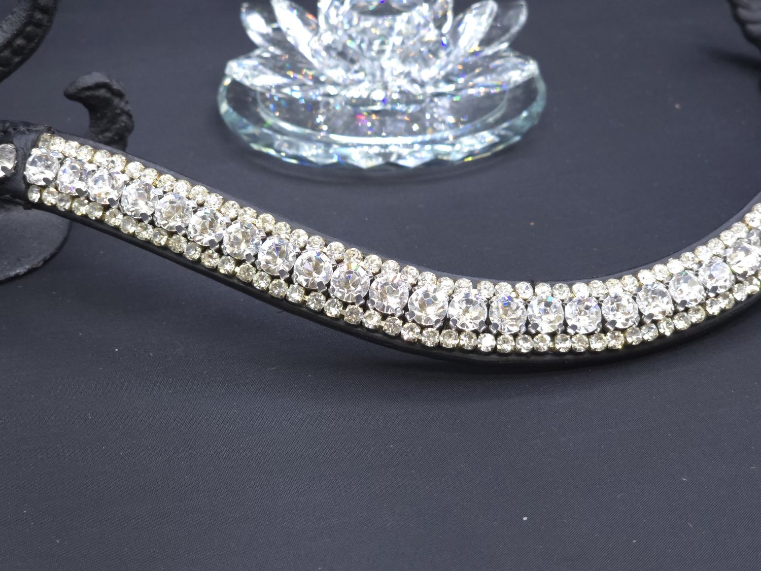 X-Deep U   * 3 Row (8.5mm, 4mm PRECIOSA Glass Crystal)   * Easy On/Off Crystal Rivet Button Closure   * BLACK or BROWN Italian Leather Browband   * Clear Crystals
