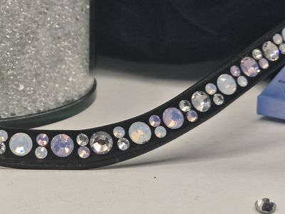 (Pink) Rose Opal, Electric White and Clear Mix Hot Fix “NO SNAG” Glass Crystal Easy Snap On/Off – BLACK or BROWN Leather Browband