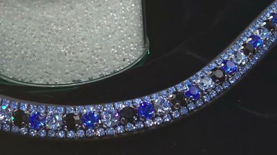 Sapphire, Lt. Sapphire, Jet Black 3 Row 40SS (center) PRECIOSA Glass Crystal - Easy On/Off Crystal Rivet Button Closure BLACK or BROWN Leather Browband