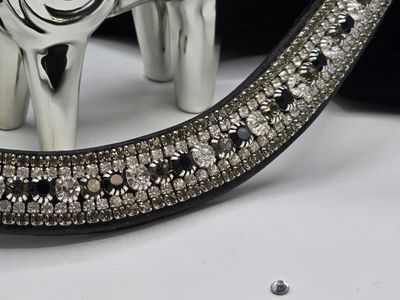 Jet Black, Diamond Black and Clear 5 Row - PRECIOSA Glass Crystal - Easy On/Off Crystal Rivet Button BLACK or BROWN Leather Browband