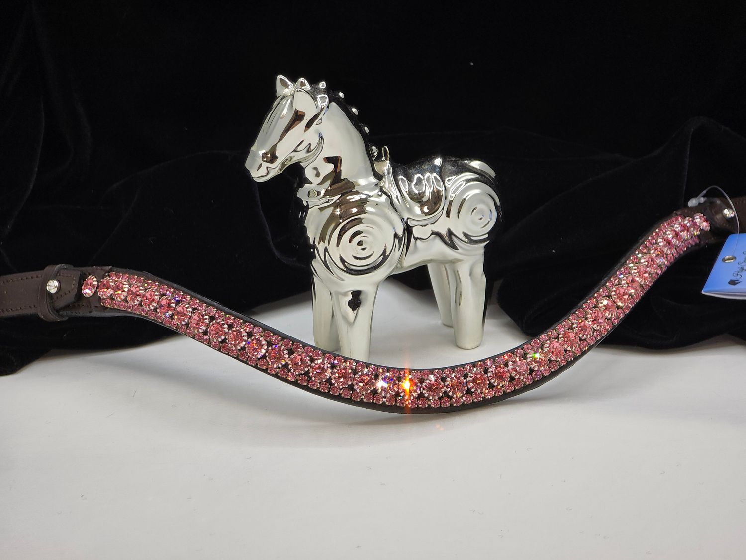 X-Deep U*3 Row (8.5/4m PRECIOSA Glass Crystal)  * Easy On/Off Crystal Rivet Button Closure *BLACK or BROWN Leather Browband *Rose (Pink) Crystals