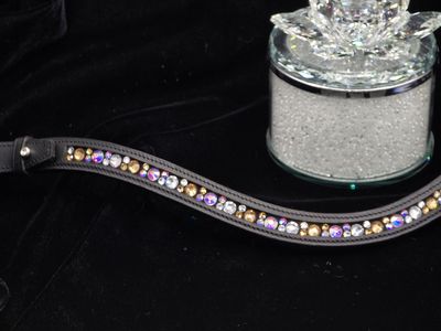 Lt. Topaz, AB Iridescent and Clear Mix Hot Fix “NO SNAG” Channel Inlay Glass Crystal - Easy On/Off Crystal Rivet Button Closure BLACK or BROWN Leather Browband
