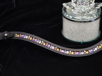 Med. U Shape * Mix Pattern (7/4m ARIANA “NO SNAG Secure-Stitch" Hot Fix Glass Crystal) * Easy On/Off Snap   * BLACK or BROWN Italian Leather Browband *Lt. Topaz, AB Iridescent and Clear
