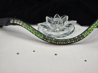Green Erinite, Peridot, Chrysolite 1 Row Ombre 48ss (11mm) PRECIOSA Glass Crystal -Easy On/Off Snap BLACK or BROWN Leather Browband