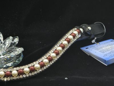 Cream and Bordeaux Pearl and Clear Glass Crystal 3 Row PRECIOSA -Easy On/Off Crystal Rivet Button Closure BLACK or BROWN Leather Browband