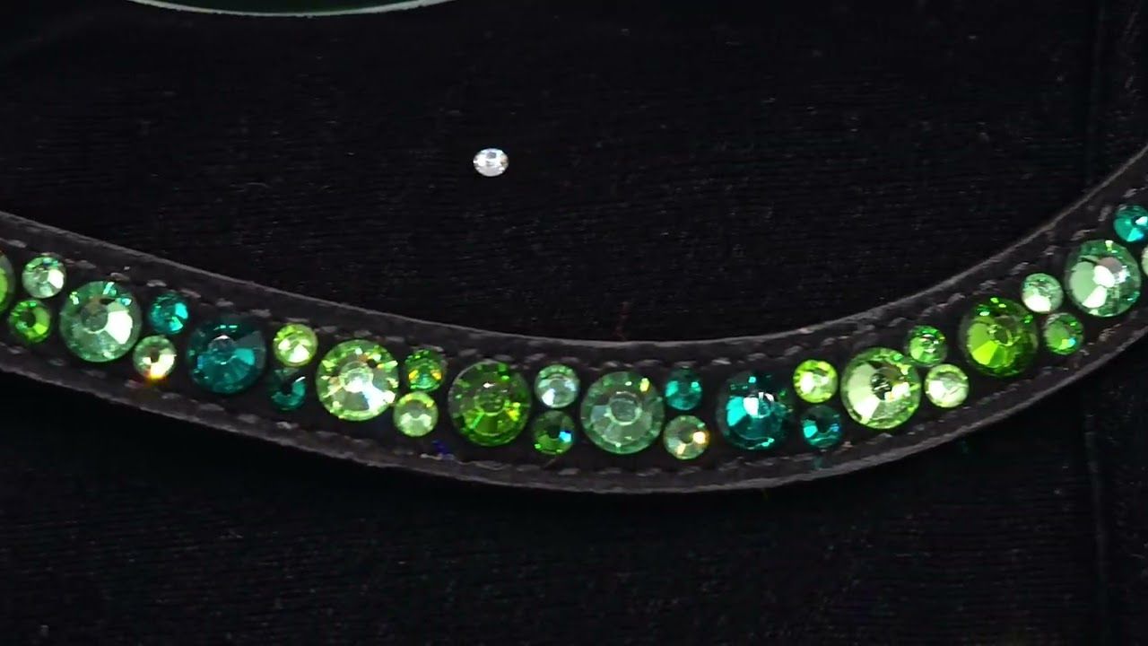 Med. U Mix Pattern (7mm, 4mm ARIANA “NO SNAG Secure-Stitch" Hot Fix Glass Crystal)  *  Easy On/Off Crystal Rivet Button Closure   * BLACK or BROWN Leather Browband  *Peridot, Ernite, Turmaline &amp; Fern 