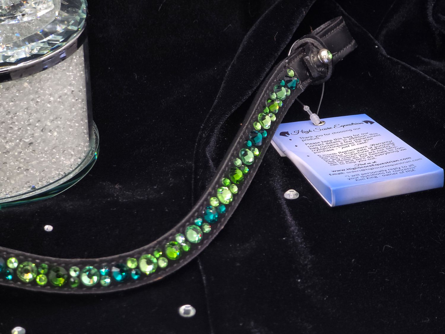 Med. U Mix Pattern (7mm, 4mm ARIANA “NO SNAG Secure-Stitch" Hot Fix Glass Crystal)  *  Easy On/Off Crystal Rivet Button Closure   * BLACK or BROWN Leather Browband  *Erinite, Turmaline &amp; Fern Green