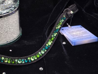 Med. U Mix Pattern (7mm, 4mm ARIANA “NO SNAG Secure-Stitch" Hot Fix Glass Crystal)  *  Easy On/Off Crystal Rivet Button Closure   * BLACK or BROWN Leather Browband  *Erinite, Turmaline &amp; Fern Green
