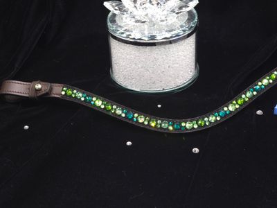 Med. U Mix Pattern (7mm, 4mm ARIANA “NO SNAG Secure-Stitch" Hot Fix Glass Crystal)  *  Easy On/Off Crystal Rivet Button Closure   * BLACK or BROWN Leather Browband  *Erinite, Turmaline &amp; Fern Green