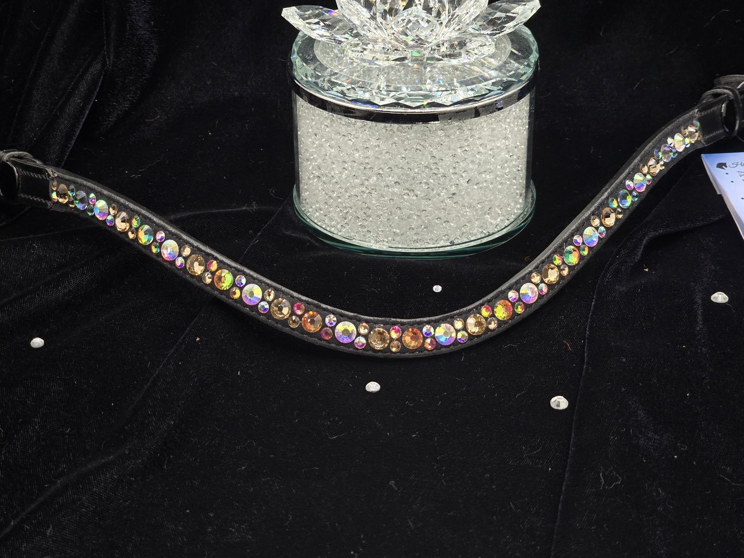V2-Every color Imaginable Hot Fix “NO SNAG Secure-Stitch" Glass Crystal - Easy On/Off Snap BLACK Leather Browband
