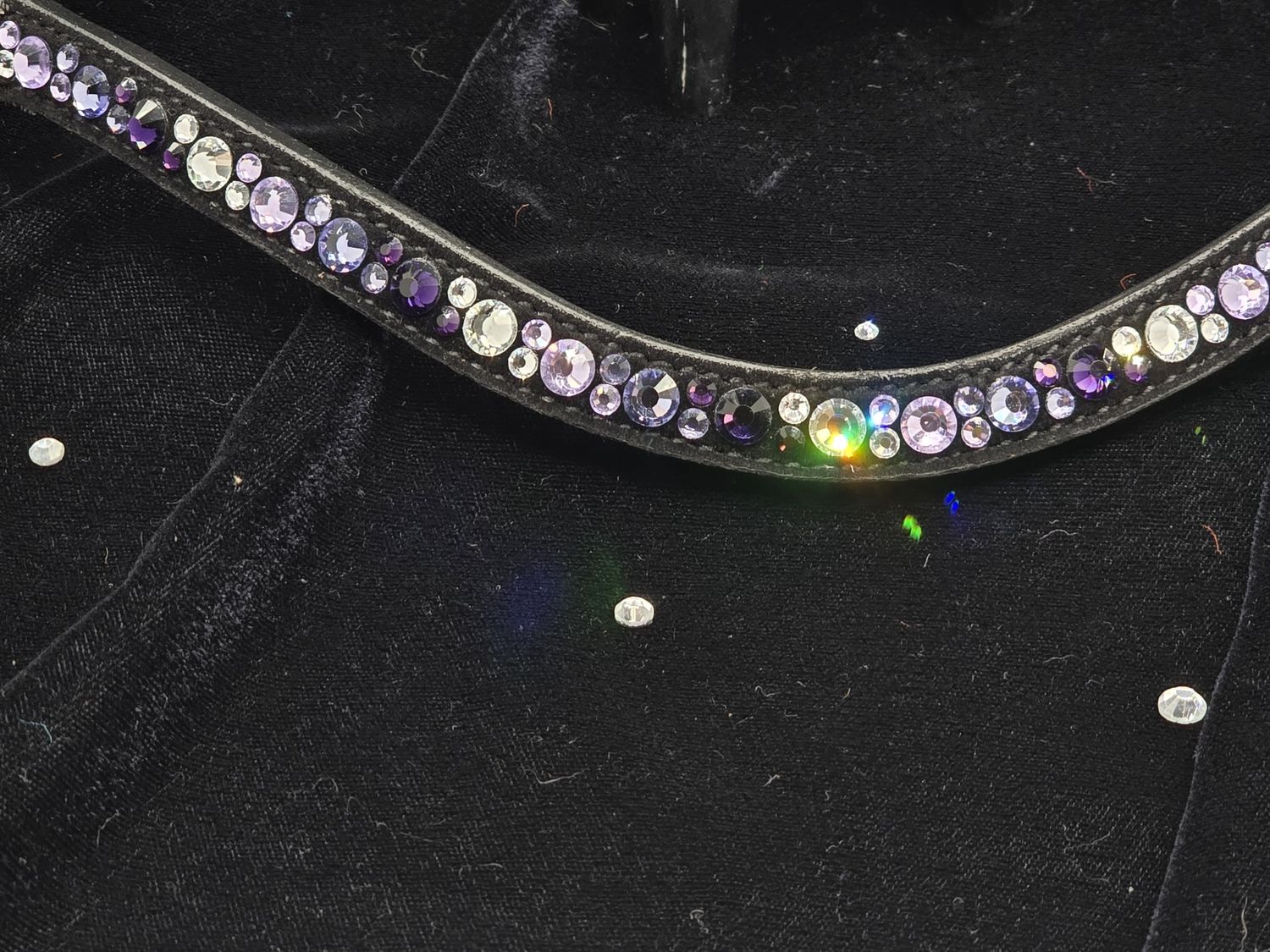 Mix Pattern (7mm, 4mm ARIANA “NO SNAG Secure-Stitch"  Hot Fix Glass Crystal)  *  Easy On/Off Crystal Rivet Button Closure   * BLACK or BROWN Leather Browband  *V-2 Deep Purple, Tanzanit,e Violet &amp; Cle