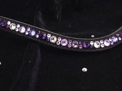 Deep Purple, Tanzanit,e Violet &amp; Clear Crystal 7/4m ARIANA “NO SNAG Secure-Stitch"  Hot Fix Glass Crystal *  Easy On/Off  -Crystal Rivet Button Closure   * BLACK or BROWN Leather Browband