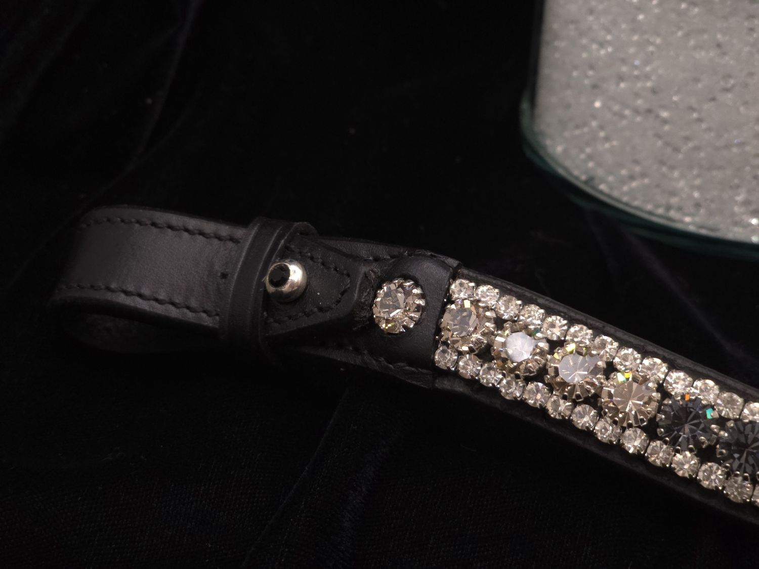 Jet Black, Black Diamond, Velvet and Clear Crystal 3 Row Ombre 40ss PRECIOSA Glass Crystal - Easy On/Off Crystal Rivet Button Closure Black Leather Browband
