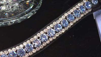 Med. U Shape 3 Row (8.5/4m PRECIOSA Glass Crystal)  * Easy On/Off Crystal Rivet Button Closure   *BLACK or BROWN Leather Browband  *Lt. Sapphire and Clear
