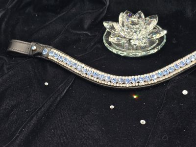 Lt. Sapphire and Clear Med. U Shape 3 Row (8.5/4m PRECIOSA Glass Crystal)  * Easy On/Off Crystal Rivet Button Closure   *BLACK or BROWN Leather Browband  *