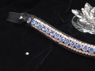 Lt. Sapphire and Clear Med. U Shape 3 Row (8.5/4m PRECIOSA Glass Crystal) * Easy On/Off Crystal Rivet Button Closure *BLACK or BROWN Leather Browband * Lt. Sapphire and Clear Med. U Shape 3 Row (8.5/4m PRECIOSA Glass Crystal) * Easy On/Off Crystal Rivet Button Closure *BLACK or BROWN Leather Browband *