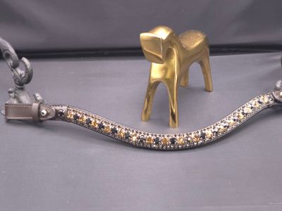 Topaz, Jet Black 3 Row 40SS (center) PRECIOSA Glass Crystal - Easy On/Off Crystal Rivet Button Closure BROWN Leather Browband
