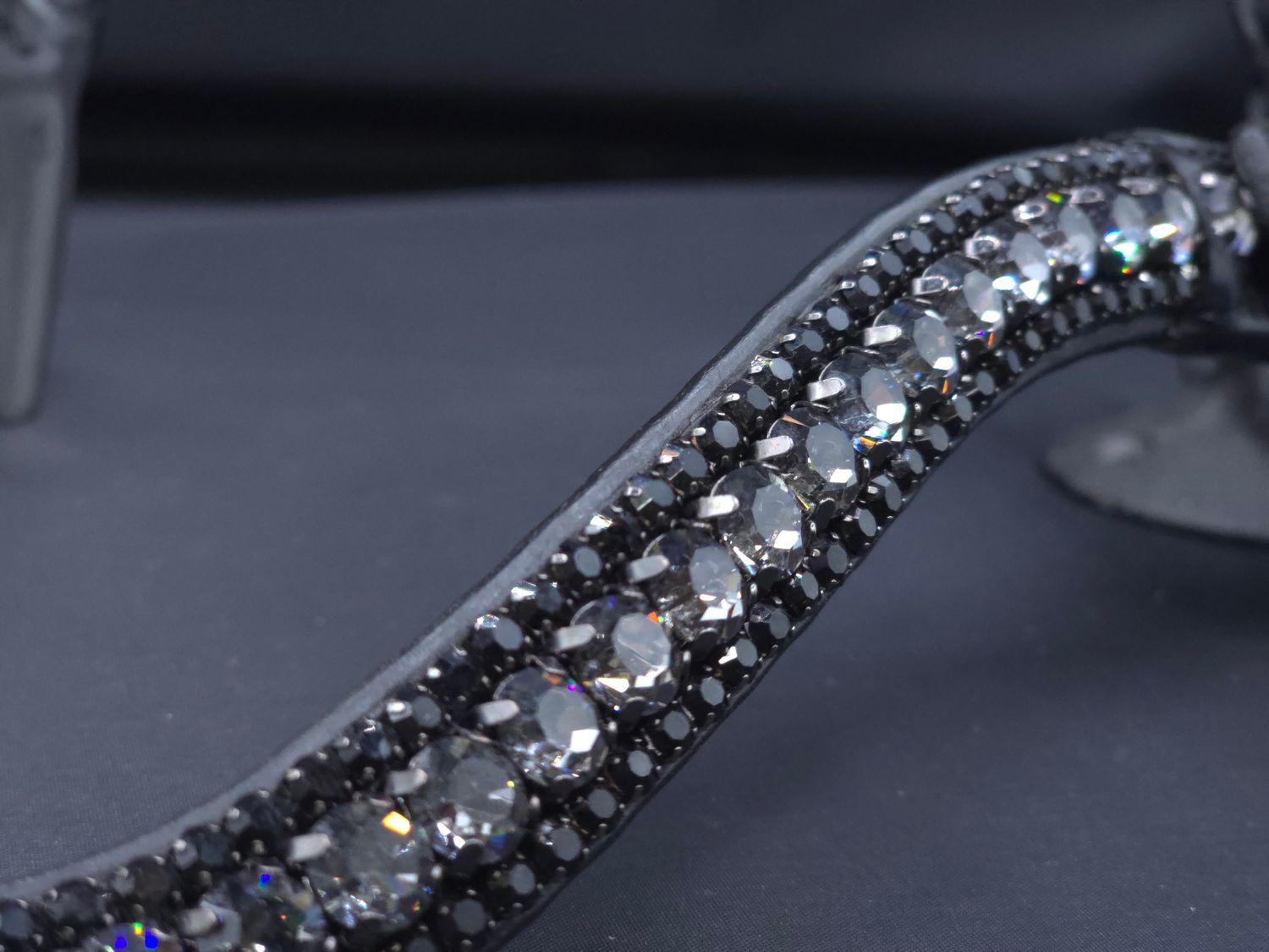 X-Deep U   * 3 Row (8.5mm, 4mm PRECIOSA Glass Crystal)   * Easy On/Off Crystal Rivet Button Closure   * BLACK or BROWN Italian Leather Browband     *NightFall,  Jet Black Crystals