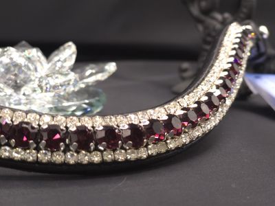 Med. U Shape 3 Row (8.5/4m PRECIOSA Glass Crystal)  * Easy On/Off Crystal Rivet Button Closure   *BLACK or BROWN Leather Browband  *Amethyst,  Clear