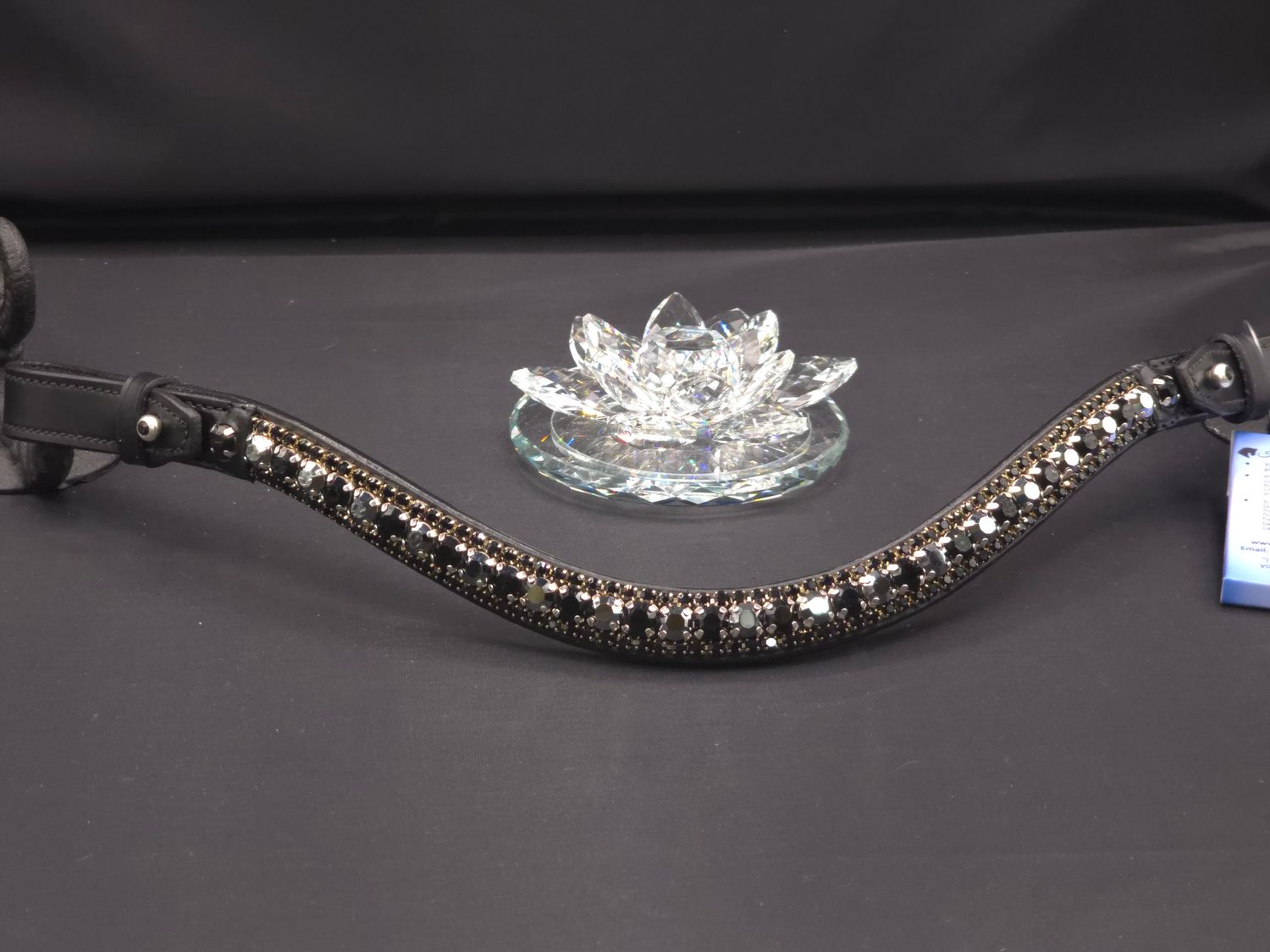 Med. U Shape 3 Row (8.5/4m PRECIOSA Glass Crystal)  * Easy On/Off Snap *BLACK or BROWN Leather Browband *Hematite, Jet Black