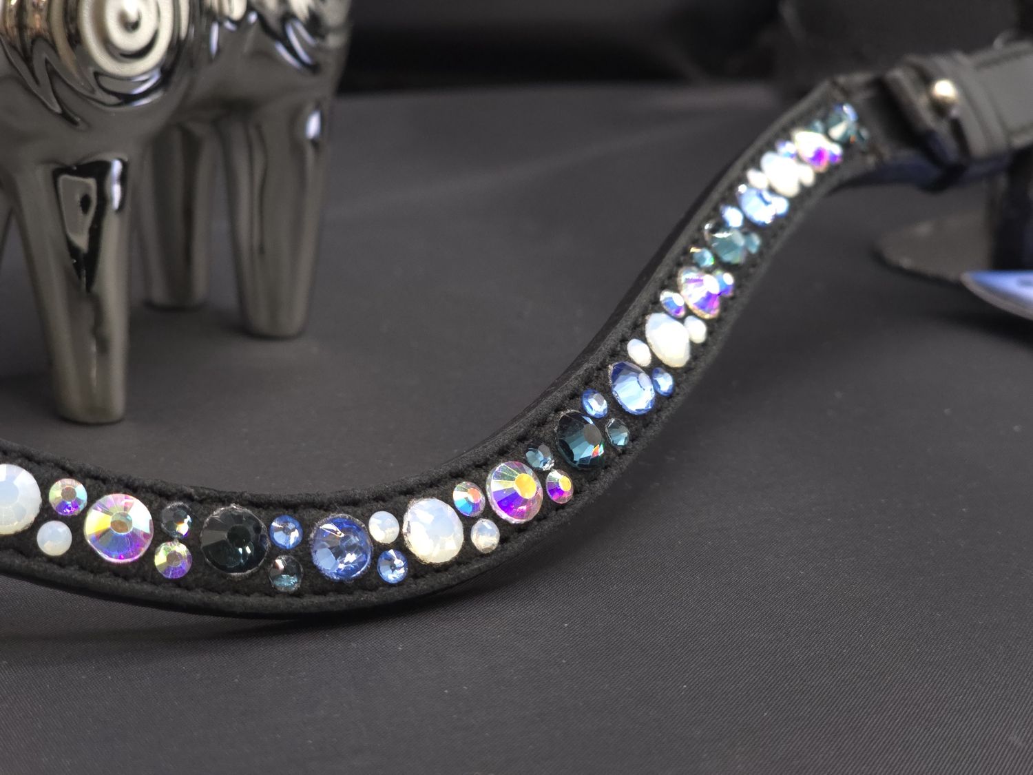 Lt. Sapphire, Montana, Opal and Iridescent Hot Fix “NO SNAG Secure-Stitch"  Glass Crystal - Easy On/Off Crystal Rivet Button Closure BLACK or BROWN Leather Browband