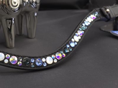 Lt. Sapphire, Montana, Opal and Iridescent Hot Fix “NO SNAG Secure-Stitch"  Glass Crystal - Easy On/Off Crystal Rivet Button Closure BLACK or BROWN Leather Browband