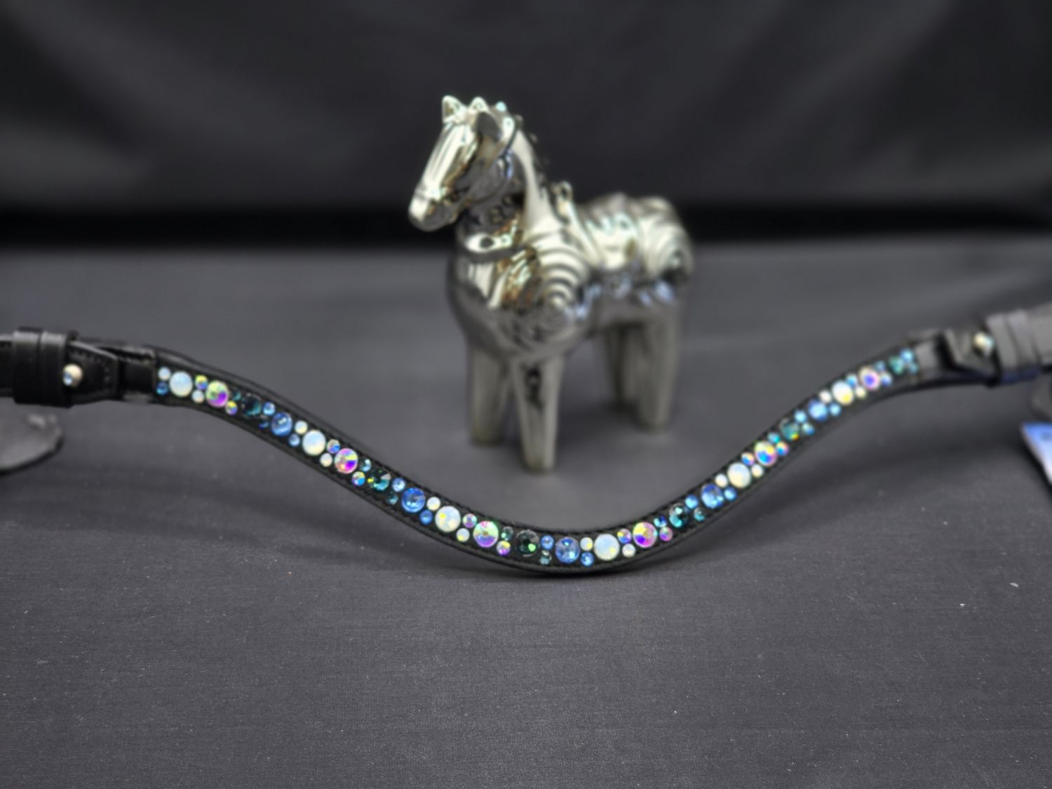 Lt. Sapphire, Montana, Opal and Iridescent Hot Fix “NO SNAG Secure-Stitch"  Glass Crystal - Easy On/Off Crystal Rivet Button Closure BLACK or BROWN Leather Browband