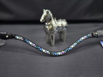 Lt. Sapphire, Montana, Opal and Iridescent Hot Fix “NO SNAG Secure-Stitch"  Glass Crystal - Easy On/Off Crystal Rivet Button Closure BLACK or BROWN Leather Browband