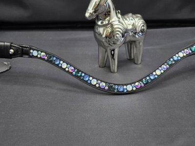 Lt. Sapphire, Montana, Opal and Iridescent Hot Fix “NO SNAG Secure-Stitch"  Glass Crystal - Easy On/Off Crystal Rivet Button Closure BLACK or BROWN Leather Browband