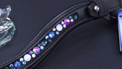 Montana, Sapphire, Iridescent AB Hot Fix “NO SNAG Secure-Stitch"   Channel Set Glass Crystal - Easy On/Off Crystal Rivet Button Closure BLACK or BROWN Rolled Padded Leather Browband