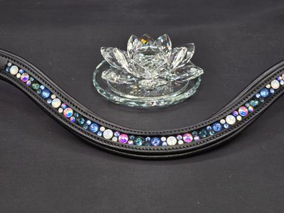 Montana, Sapphire, Iridescent AB Hot Fix “NO SNAG Secure-Stitch" PADDED Channel Set Glass Crystal - Easy On/Off Crystal Rivet Button Closure BLACK or BROWN Rolled Padded Leather Browband