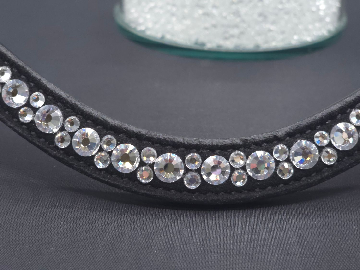 Crystal ClearHot Fix “NO SNAG-Secure Stitch” Glass Crystal - Easy On/Off Crystal Rivet Button Closure BLACK Leather Browband