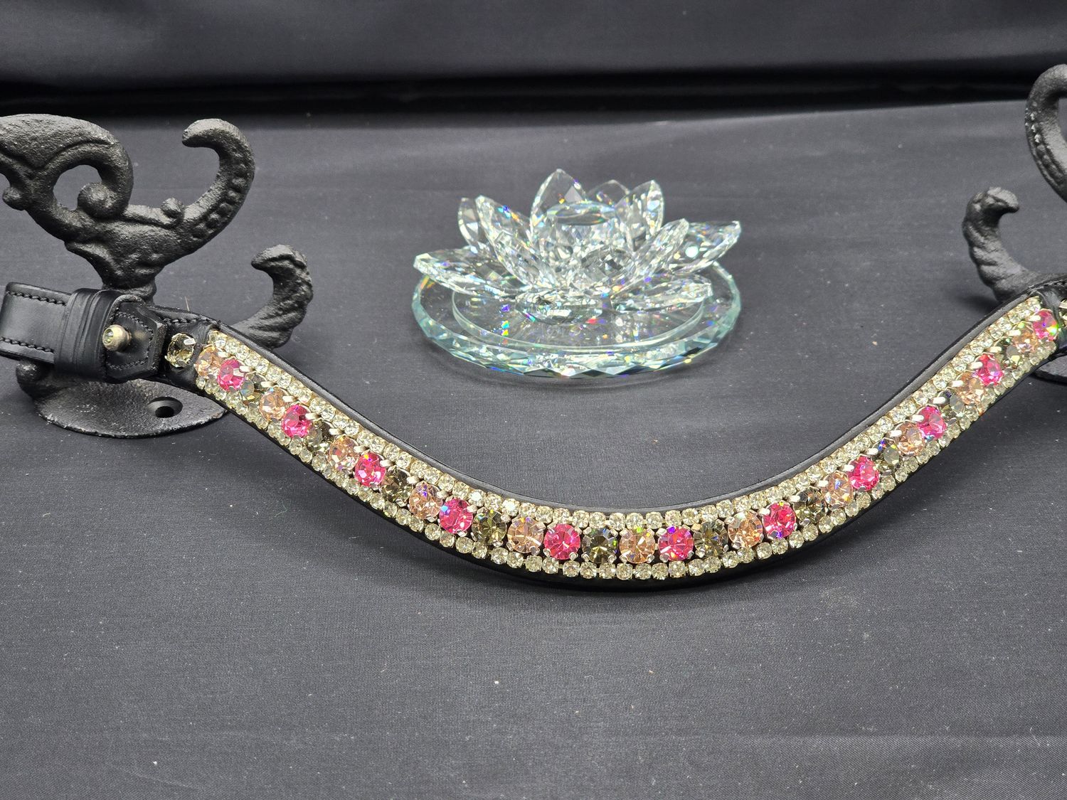 Med. Shape U  * 3 Row (8.5/4m PRECIOSA Glass Crystal)   * Easy On/Off Crystal Rivet Button Closure  * BLACK or BROWN Italian Leather Browband * Pink Rose, Black Daimond, Gold Quartz