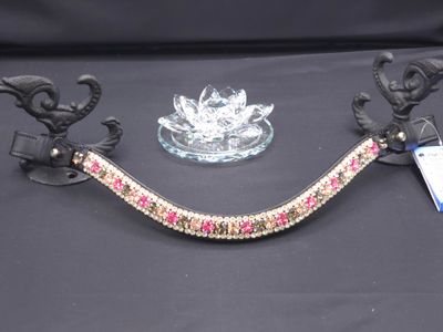 Med. Shape U  * 3 Row (8.5/4m PRECIOSA Glass Crystal)   * Easy On/Off Crystal Rivet Button Closure  * BLACK or BROWN Italian Leather Browband * Pink Rose, Black Daimond, Gold Quartz