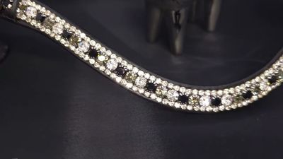 Med-Deep U   * 3 Row (6.5mm, 3mm Size PRECIOSA Glass Crystal)  * Easy On/Off Crystal Button Rivet   * BLACK or BROWN Italian Leather Browband  * Jet Black, Black and Clear Diamond Crystals