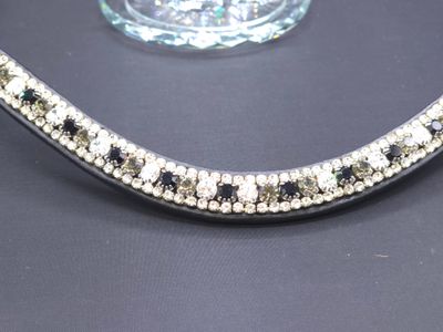 Med-Deep U   * 3 Row (6.5mm, 3mm Size PRECIOSA Glass Crystal)  * Easy On/Off Crystal Button Rivet   * BLACK or BROWN Italian Leather Browband  * Jet Black, Black and Clear Diamond Crystals
