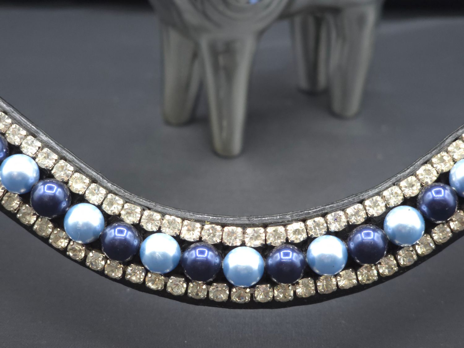 * X-Deep U   * 3 Row (8mm Austrian Pearl, 4mm Czech Glass Crystals)   *  Easy On/Off Crystal Rivet Button Closure  * BLACK or BROWN Italian Leather Browband  * Lt. Blue, Night Blue Austrian Pearls wit