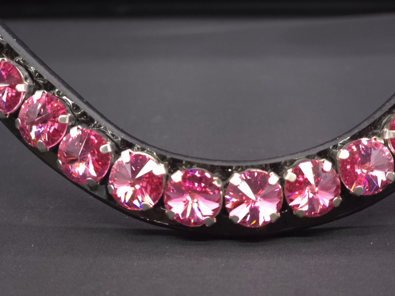 X-Deep U   * 1 Row  RIVOILI (12mm PRECIOSA Glass Crystal)   * Easy On/Off Crystal Rivet Button Closure   * BLACK or BROWN Italian Leather Browband  *PINK Rose Crystals