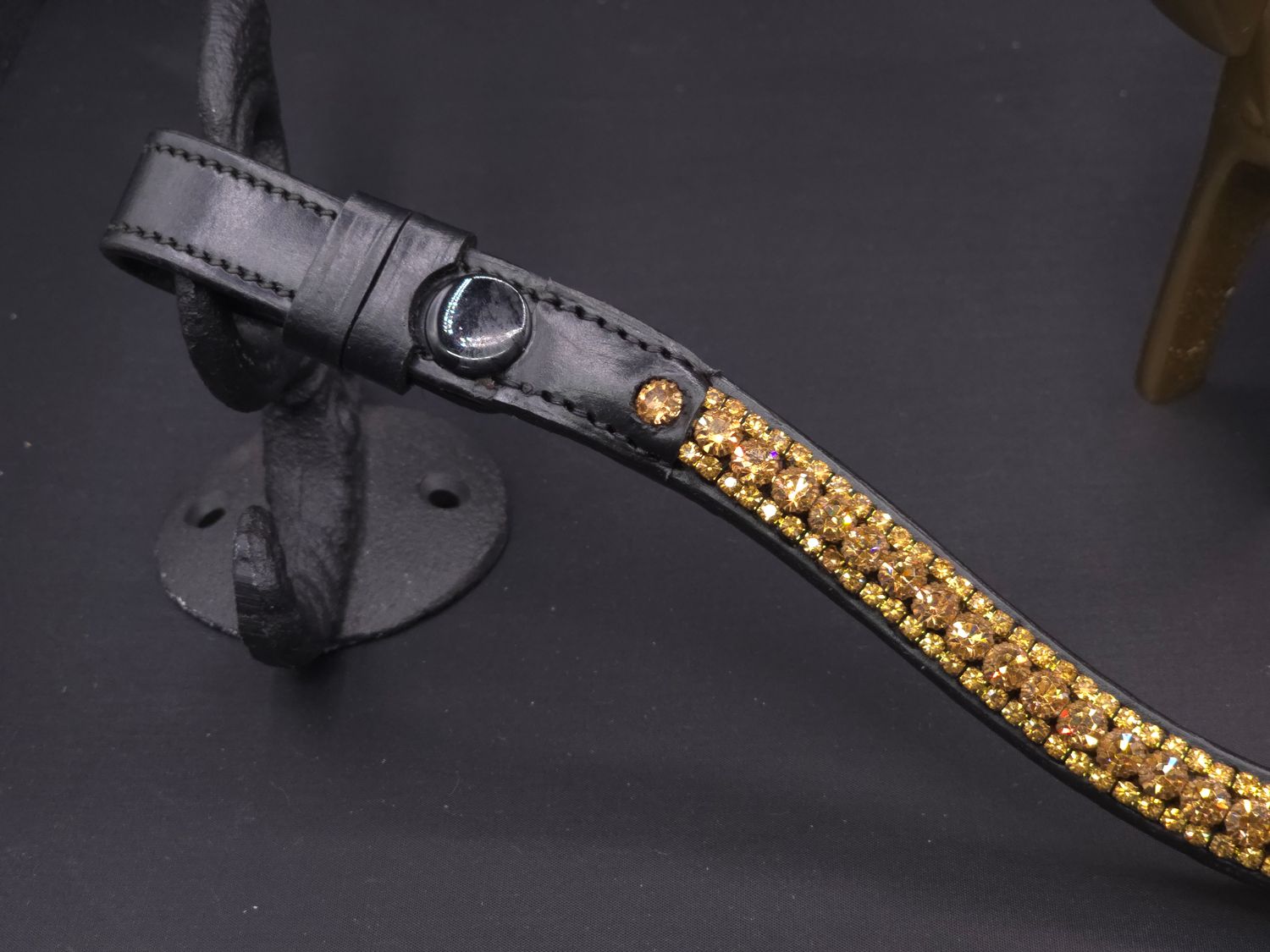3 Row (6.5mm, 3mm Size PRECIOSA Glass Crystal)  * Easy On/Off Snap  * BLACK or BROWN Leather Browband  *Gold Crystals
