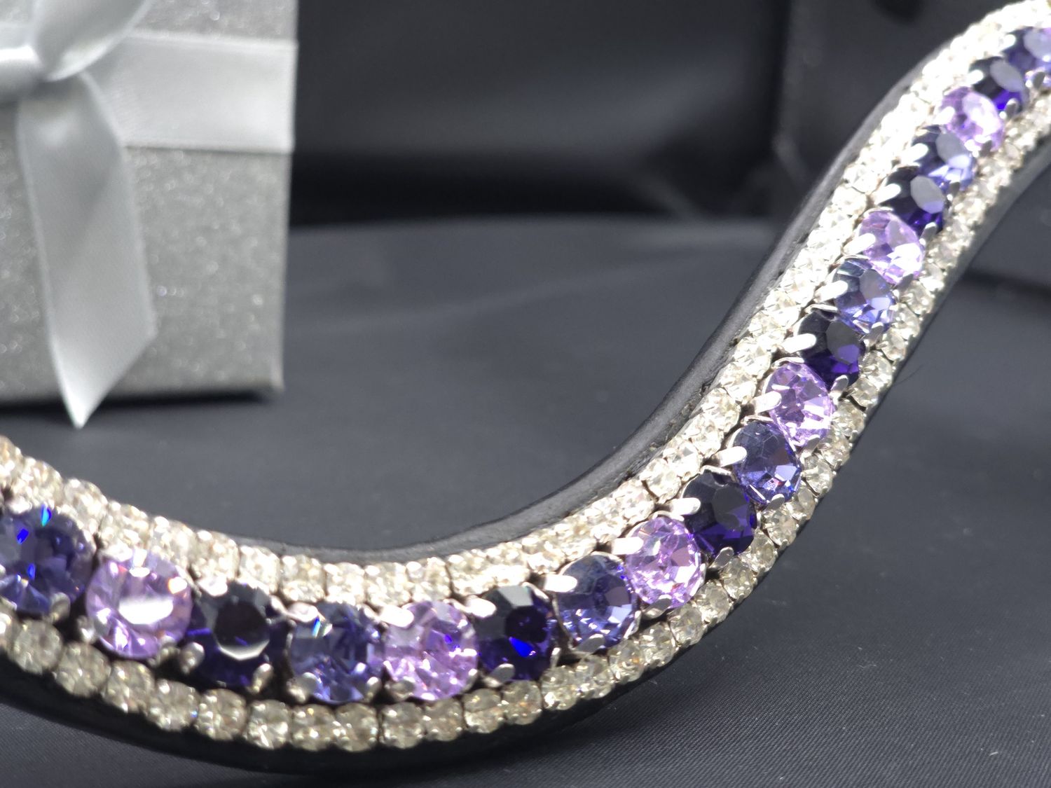 X-Deep U   * 3 Row (8.5mm, 4mm PRECIOSA Glass Crystal)  * Easy On/Off Snap   * BLACK or BROWN Italian Leather Browband  *   *BLACK or BROWN Leather Browband  *Tanzanite, Deep Tanz., Violet &amp; Clear Cry